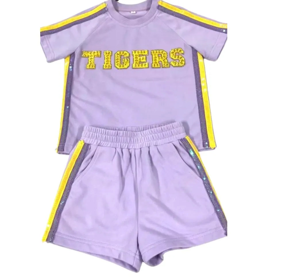 "TIGERS" Sequin and Crystal Set - Lavender & Gold