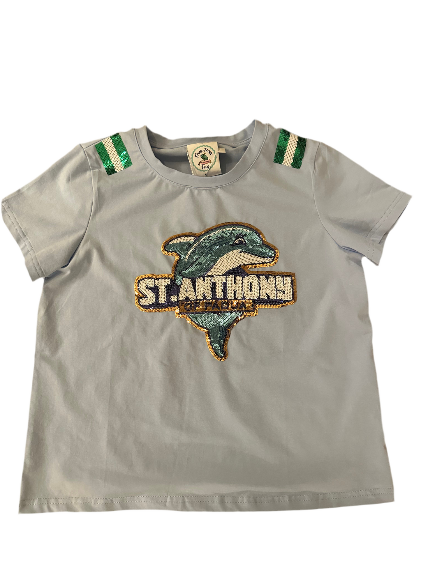 St. Anthony of Padua Sequin Dolphin Spirit Shirt - Light Blue - Adult