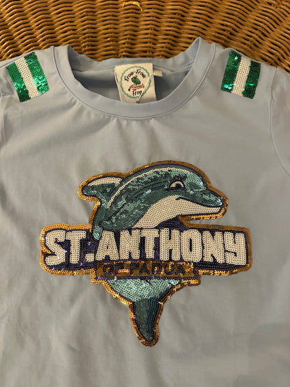 St. Anthony of Padua Sequin Dolphin Spirit Shirt - Light Blue - Adult