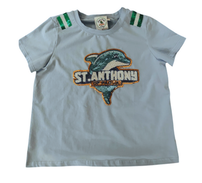 St. Anthony of Padua Sequin Dolphin Spirit Shirt - Light Blue - Adult